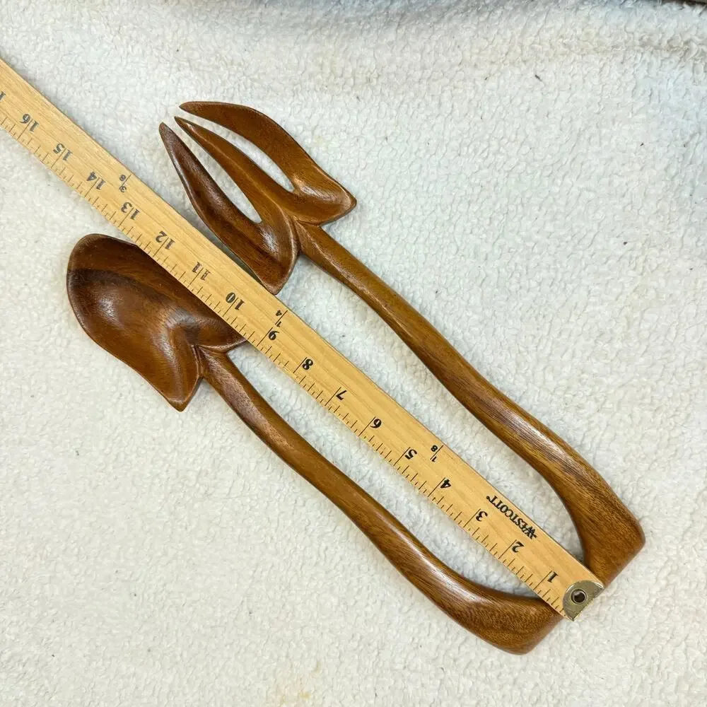 Vintage Monkey Pod Acacia Salad Tongs Curved Serving Spoon Fork Set Utensils
